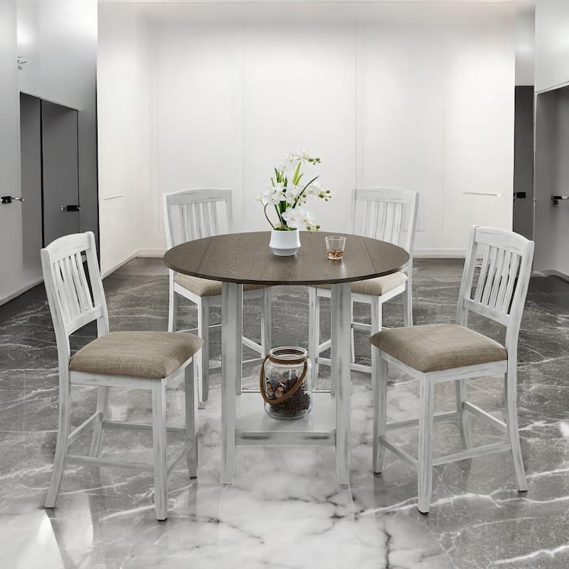 Round Dining Table Set Two-Tone Finish Drop-Leaf Integrated Shelf