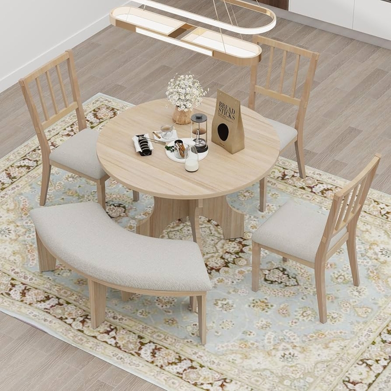 Round Dining Table Set with Curved Bench, Special-Shaped Legs
