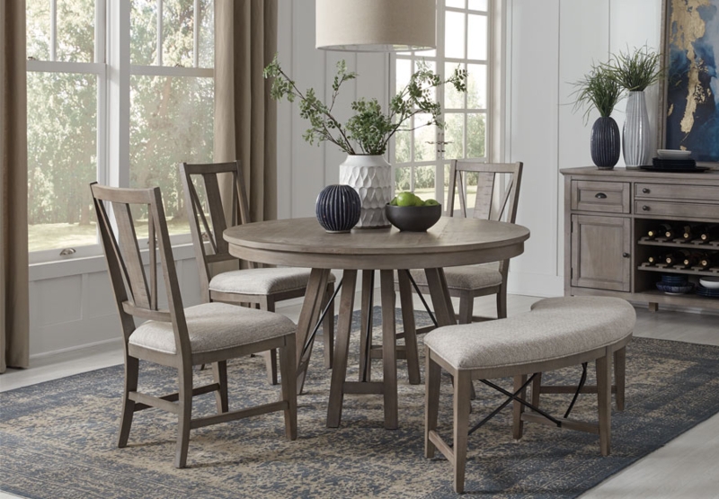 Round Dining Table Set with Curved Upholstered Bench and Pewter Finish