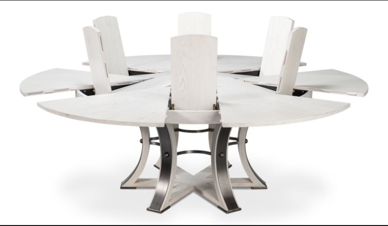 Round Dining Table Starburst Expansion Whitewashed Wood Metal Base