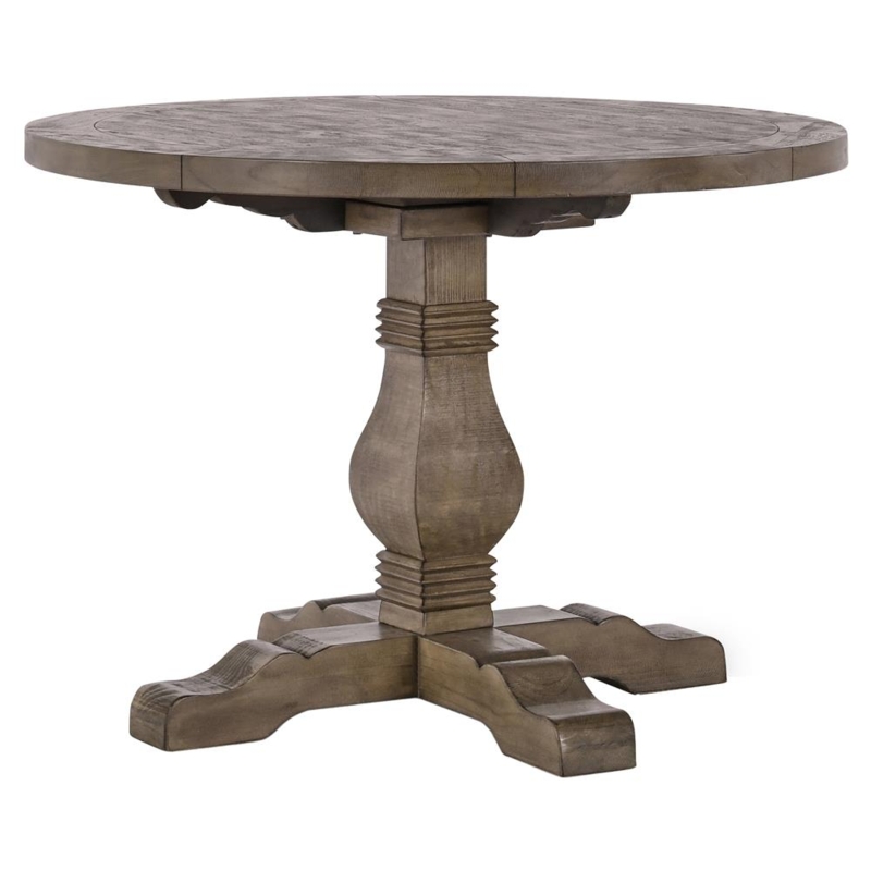 Round Dining Table Turned Pedestal Base Weathered Brown Finish Scrolled Feet