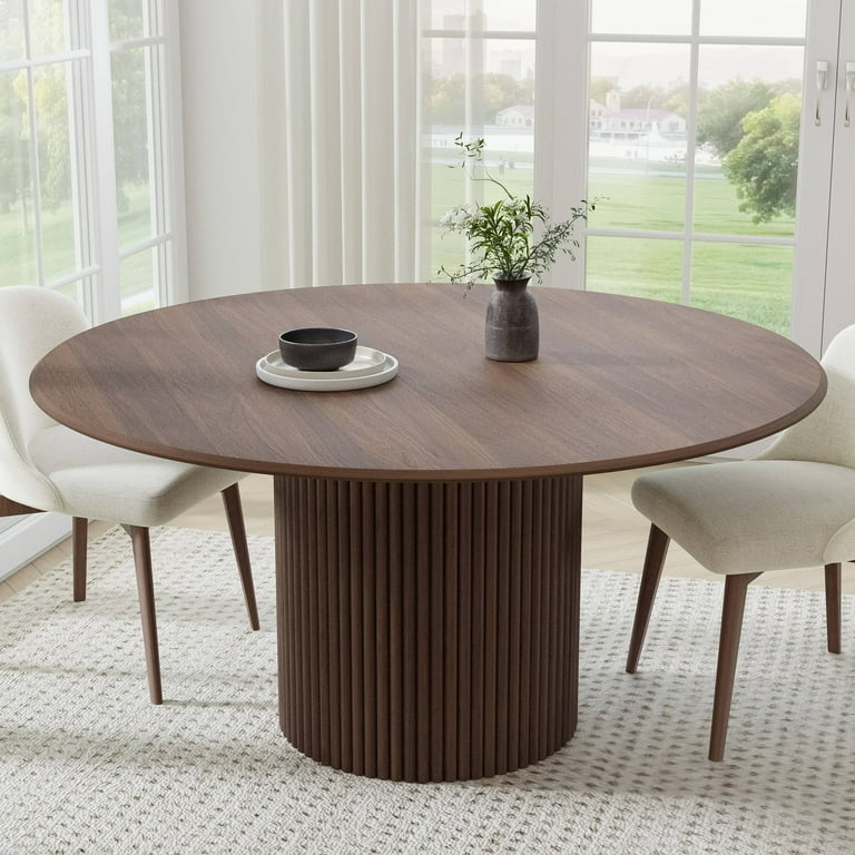 Round Dining Table Walnut Finish Ribbed Pedestal Mid Century Modern