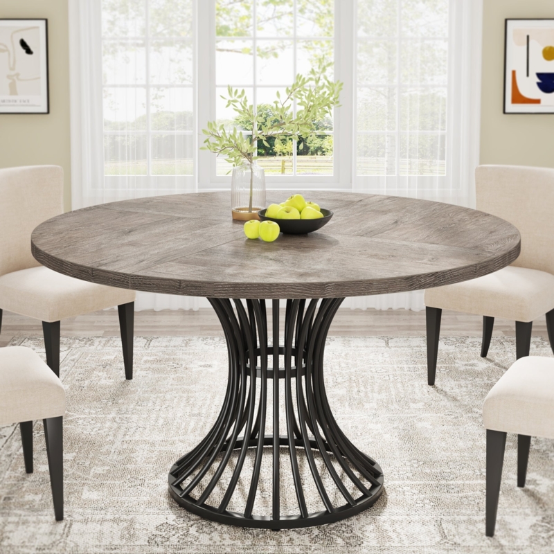 Round Dining Table Weathered Gray Finish Slatted Base Sculptural