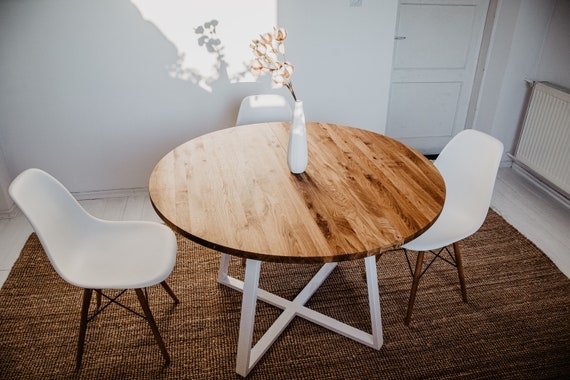 Round Dining Table White Geometric X-Base Scandinavian Wood Top