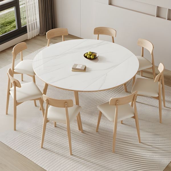 Round Dining Table White Stone Top Blonde Wood Tapered Legs