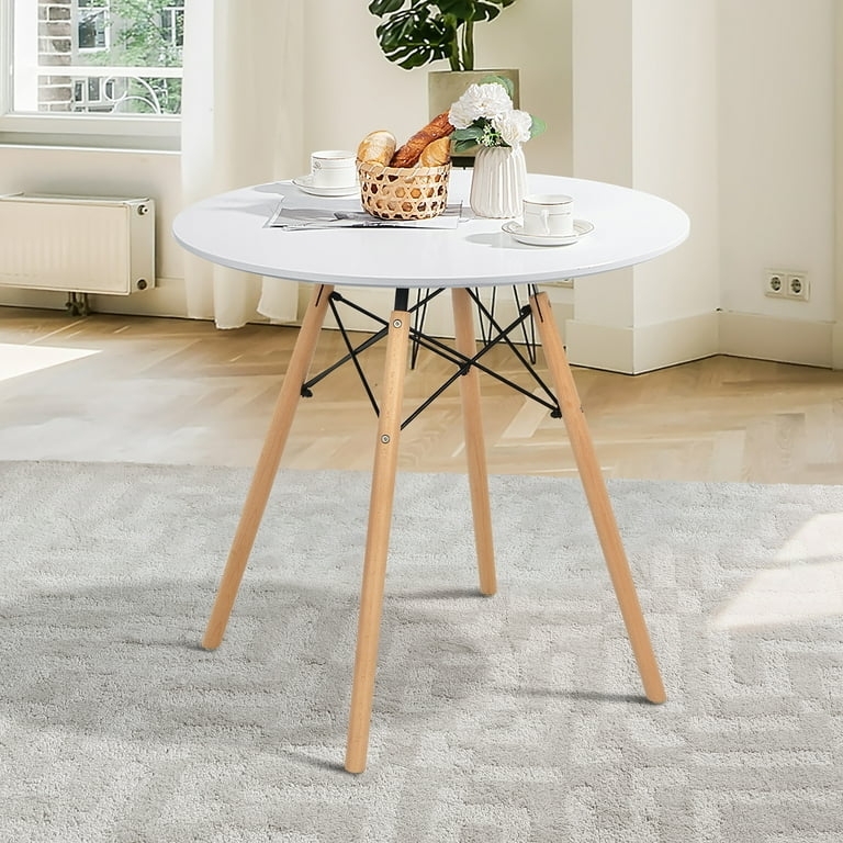 Round Dining Table White Top Eiffel Base Wood Legs