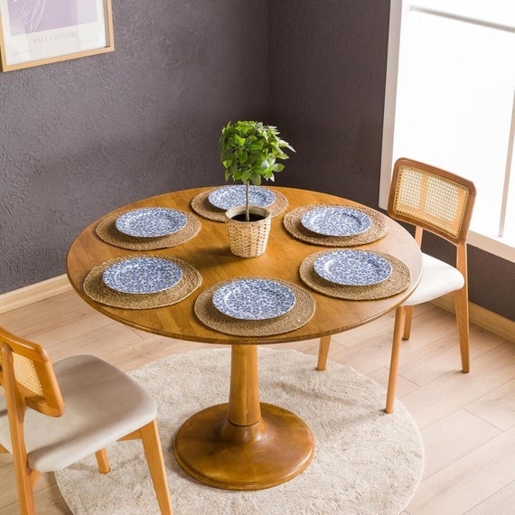 Round Dining Table with Cane Back Chairs Mid-Century Set