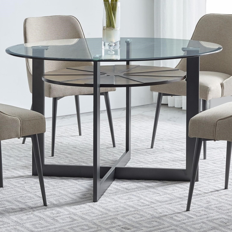 Round Dining Table with Dark Metal Cross Base and Radial Wood Shelf