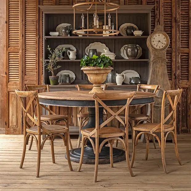 Round Dining Table with Dark Pedestal Base & Weathered Finish