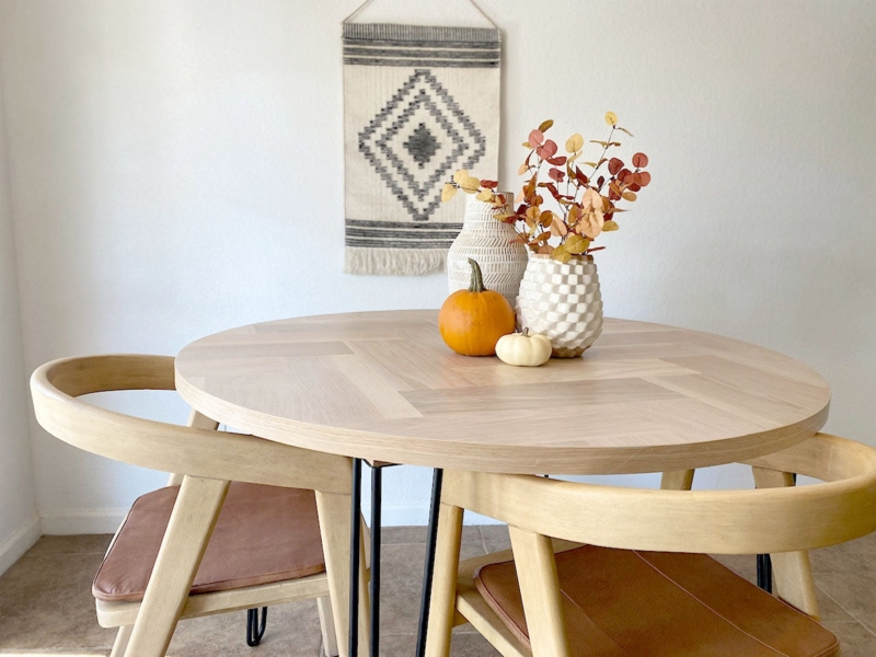 Round Dining Table with Herringbone Top and Black Hairpin Legs