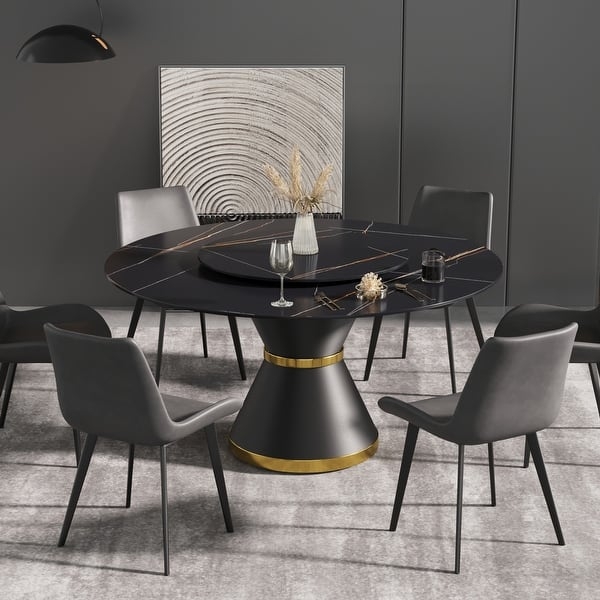Round Dining Table with Lazy Susan and Gold Banded Pedestal Base