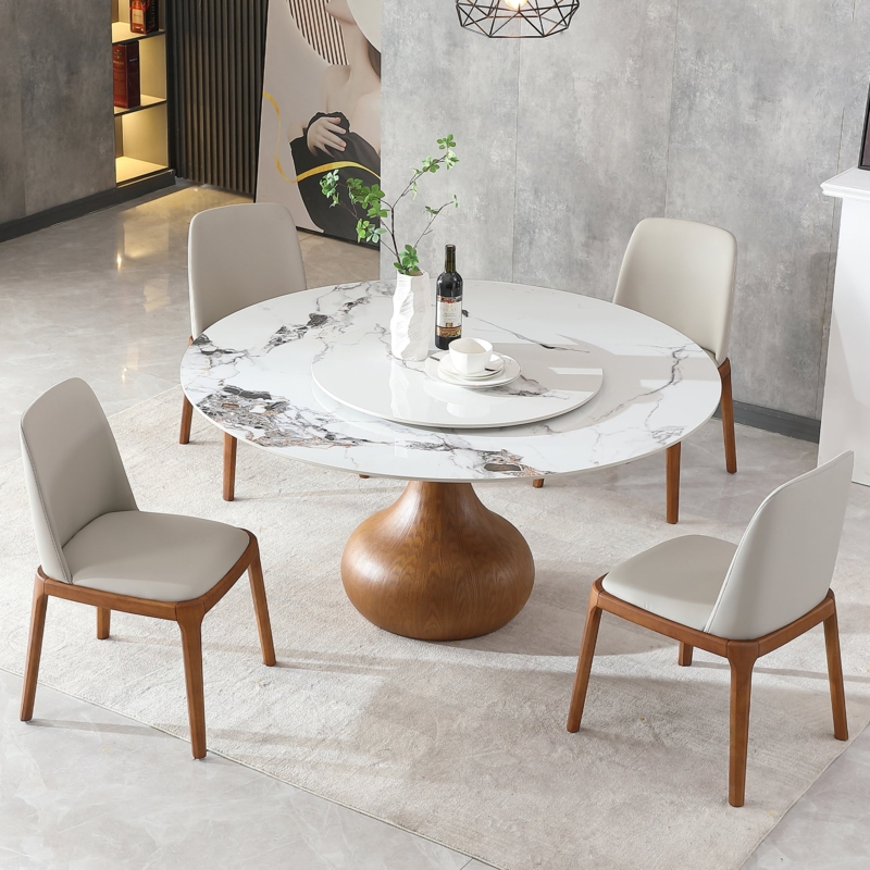 Round Dining Table with Lazy Susan and Walnut Wood-Toned Base