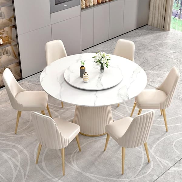 Round Dining Table with Lazy Susan Stone Top Pedestal Base