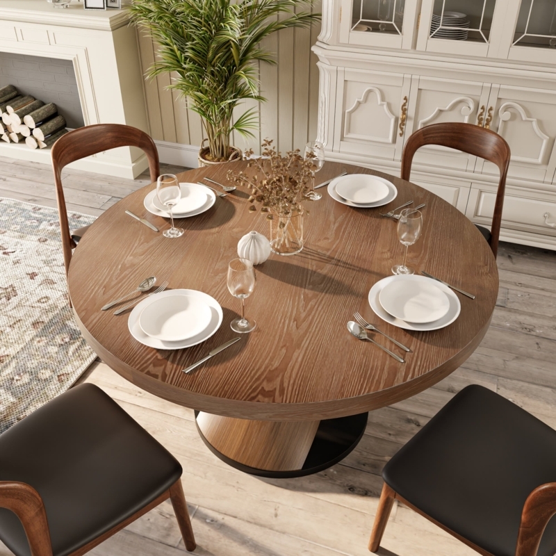 Round Dining Table with Slatted Pedestal Base and Sunburst Grain