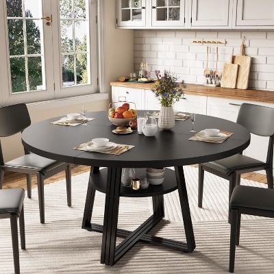 Round Dining Table With Storage Shelf Cross Base Matte Black