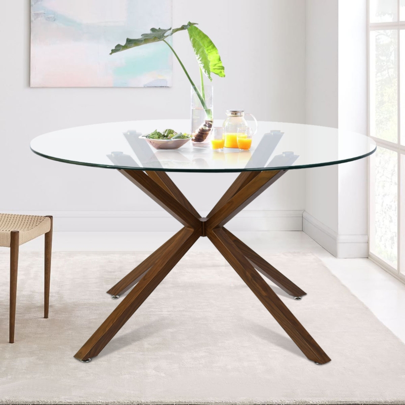 Round Dining Table with Walnut Wood X-Base Pedestal and Glass Top