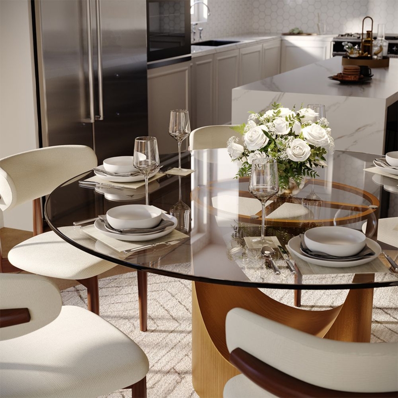 Round Dining Table: Wood Pedestal, Glass Lazy Susan, Cream Chairs