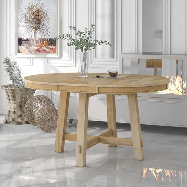 Round Dining Table X-Base Natural Wash Chunky Legs Rustic