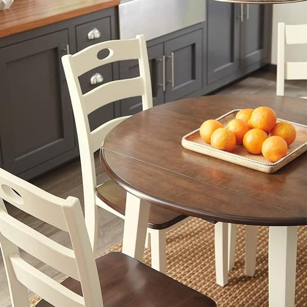 Round Drop Leaf Dining Set in Two-Tone Cream and Dark Wood Finish