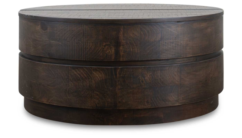 Round Drum Coffee Table Dark Wood Tiered Base Design
