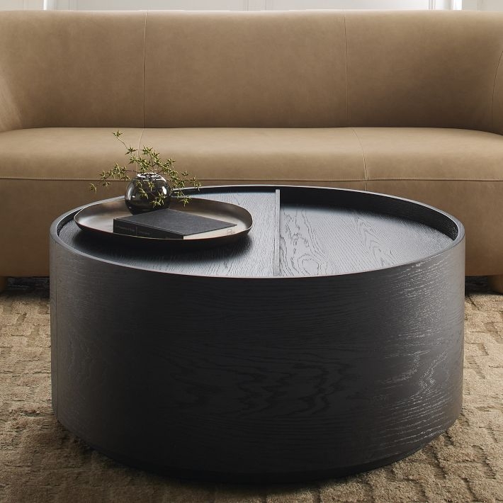 Round Drum Storage Coffee Table, Dark Charcoal Wood Grain, Recessed Top
