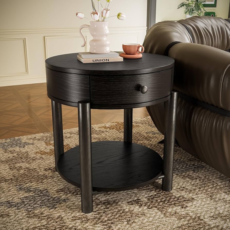 Round End Table Espresso Finish with Drawer and Shelf