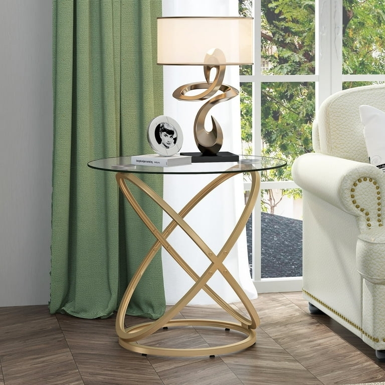 Round End Table Interlocking Ribbon Base Glass Top