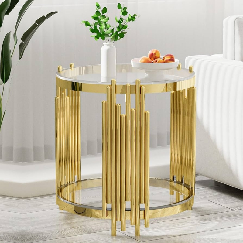 Round End Table Irregular Rods Polished Finish Glass