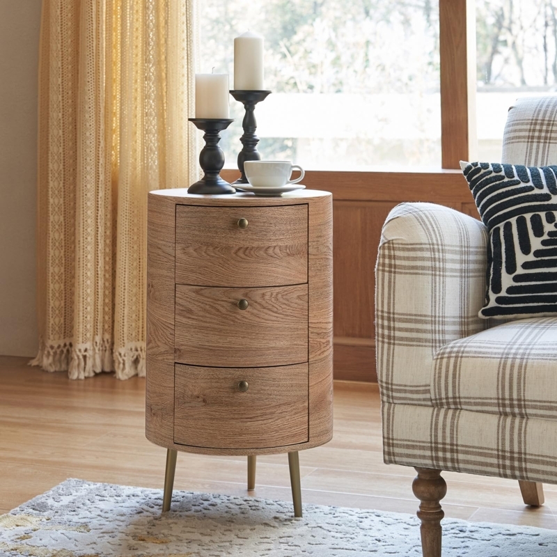 Round End Table Oak Triple Drawer Storage Gold Tapered Legs