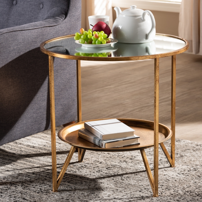 Round End Table Tray Shelf Antique Finish Mirrored Top