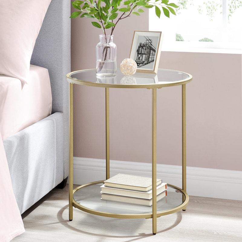 Round End Table Two Tier Glass with Minimalist Gold Frame