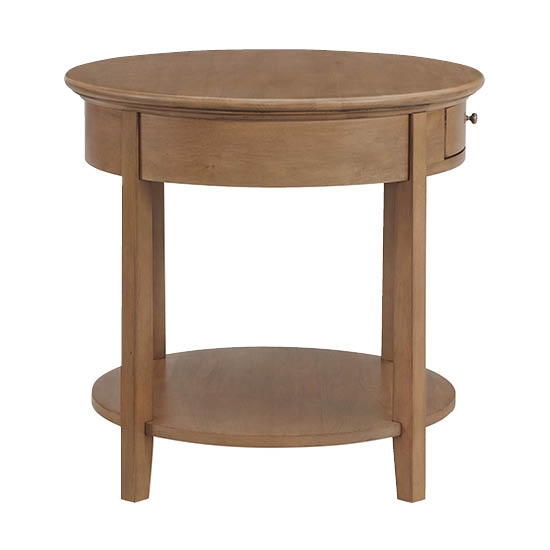 Round End Table Warm Brown Tapered Legs Apron Drawer Storage