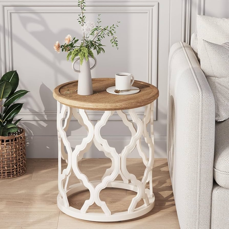 Round End Table White Carved Openwork Base Wood Tray Top Farmhouse