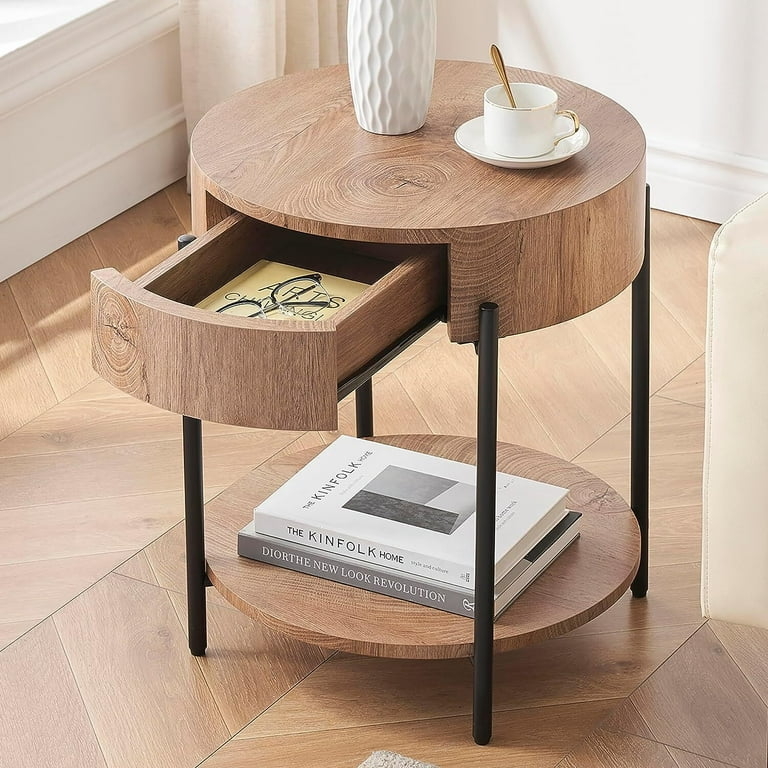 Round End Table Wood Black Metal Frame Curved Drawer Front