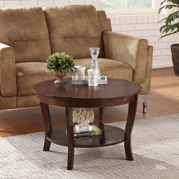 Round Espresso Coffee Table with Lower Shelf and Curved Saber Legs