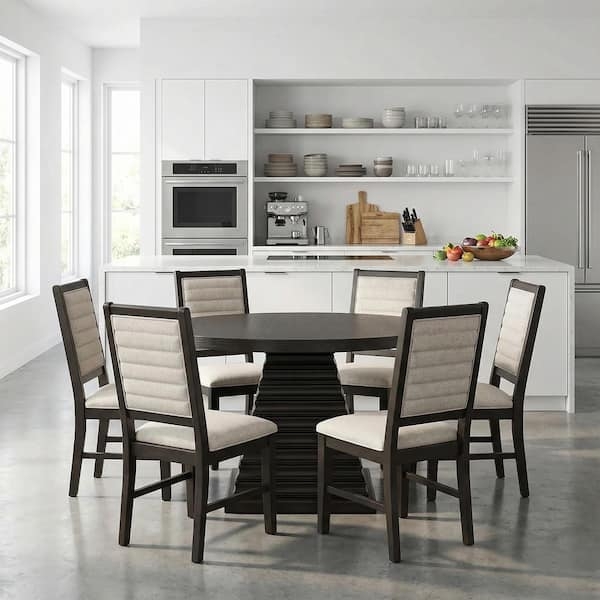 Round Espresso Dining Set with Stepped Pedestal and Channeled Chairs