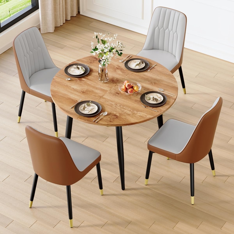 Round Expandable Dining Set Gold Tipped Legs Two Tone Chairs