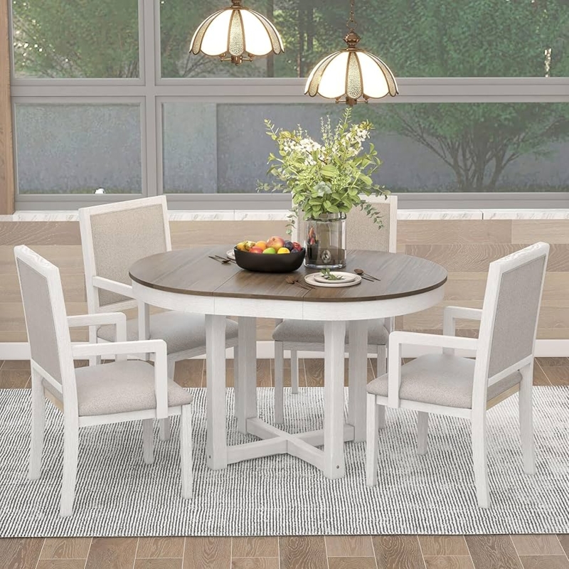 Round Extendable Dining Set with Upholstered Armchairs and Pedestal Base