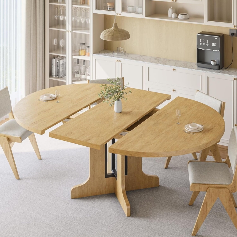 Round Extendable Dining Table Cross Pedestal Base Scandinavian