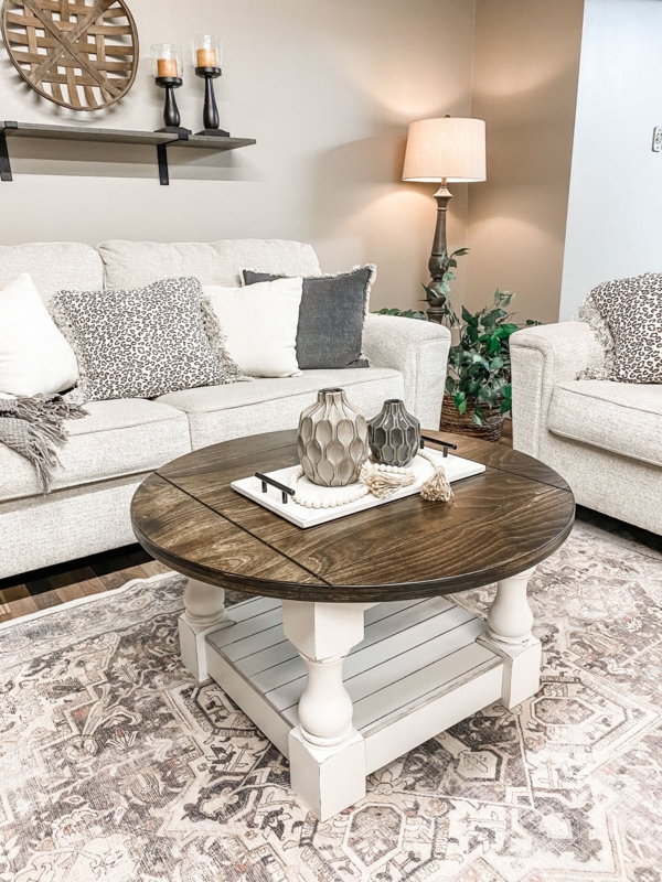 Round Farmhouse Coffee Table with Slatted Shelf and Baluster Legs