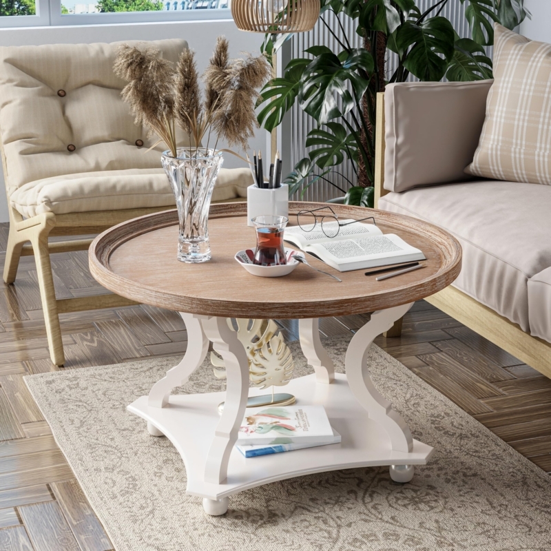 Round Farmhouse Coffee Table with White Scrolled Legs and Wood Tray Top