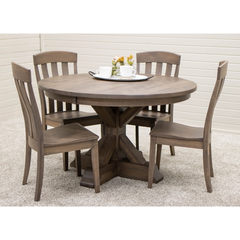 Round Farmhouse Dining Set Weathered Driftwood Finish X-Brace Pedestal