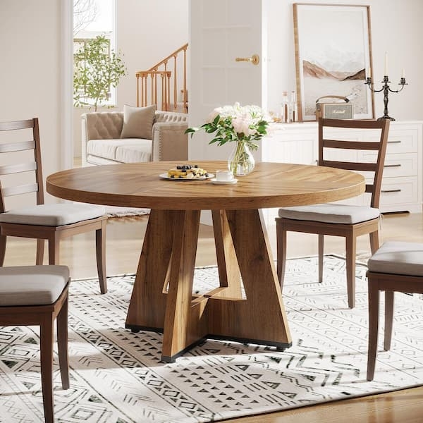 Round Farmhouse Dining Table Light Oak X-Base Pedestal