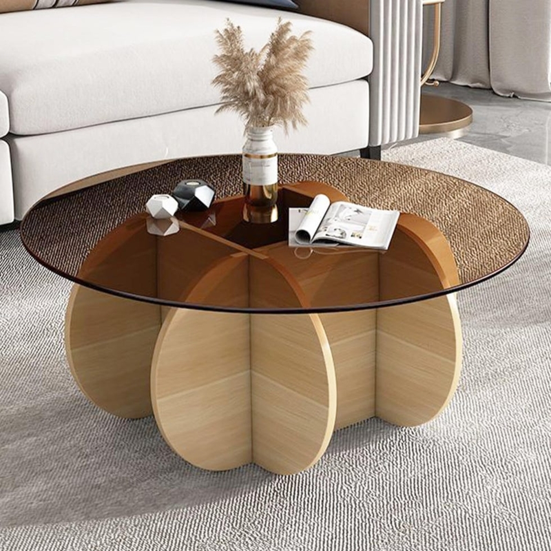 Round Fluted Coffee Table with Minimalist Ribbed Pedestal Base