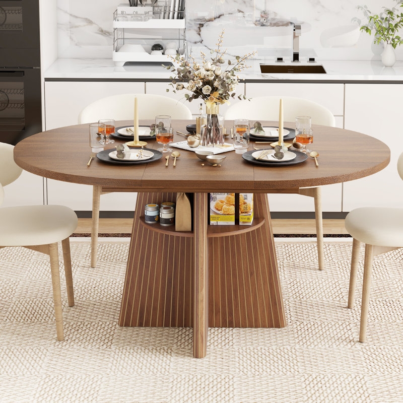 Round Fluted Dining Table with Integrated Pedestal Storage Shelves