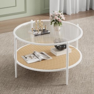 Round Fluted Glass Coffee Table with Woven Cane Shelf and White Frame