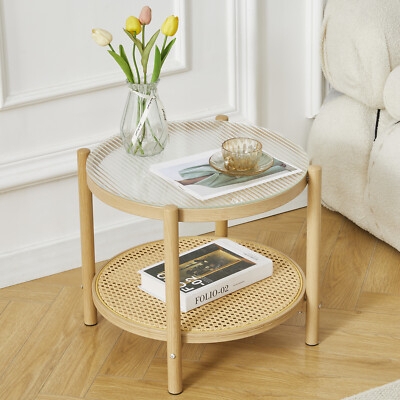 Round Fluted Glass End Table with Woven Rattan Lower Shelf