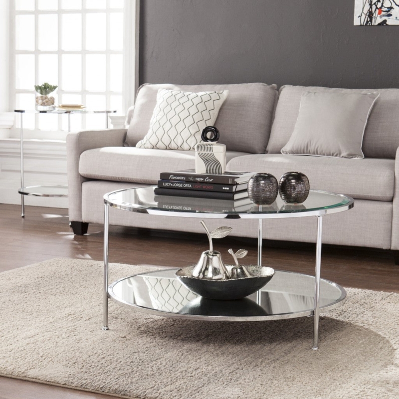 Round Glass Coffee Table featuring a Mirrored Lower Shelf