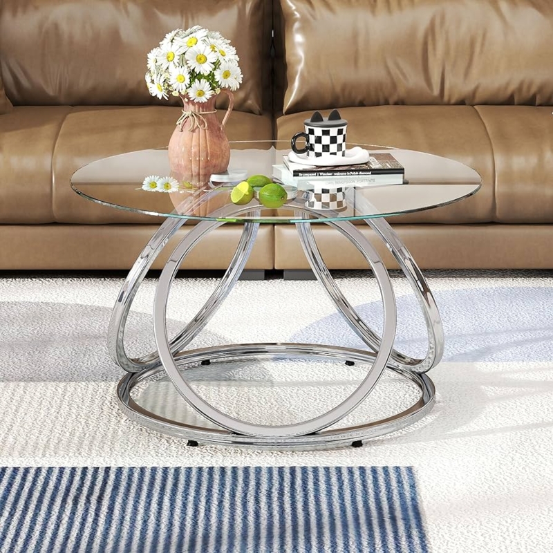 Round Glass Coffee Table featuring Interlocking Chrome Rings
