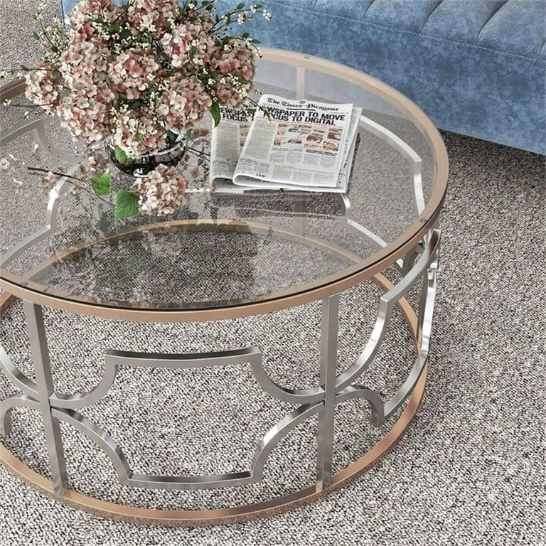 Round Glass Coffee Table featuring Two-Tone Geometric Fretwork Frame